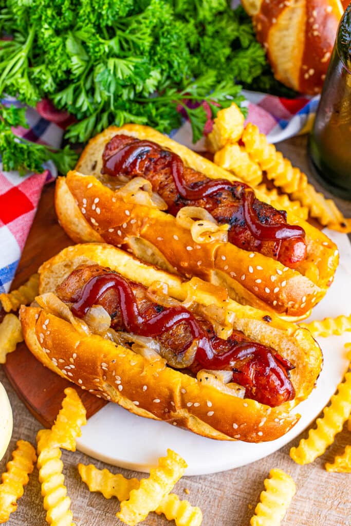 Bacon Wrapped Bratwurst Sausage Sandwich